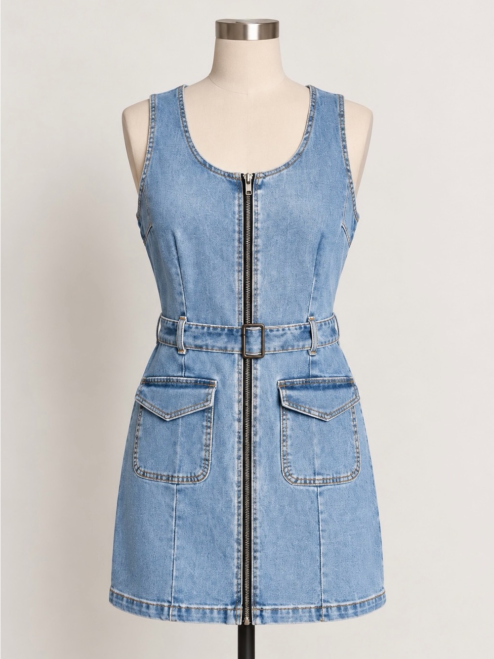 Rewash Light Blue Denim Zip-Front Overall Dress with Belted Waist
